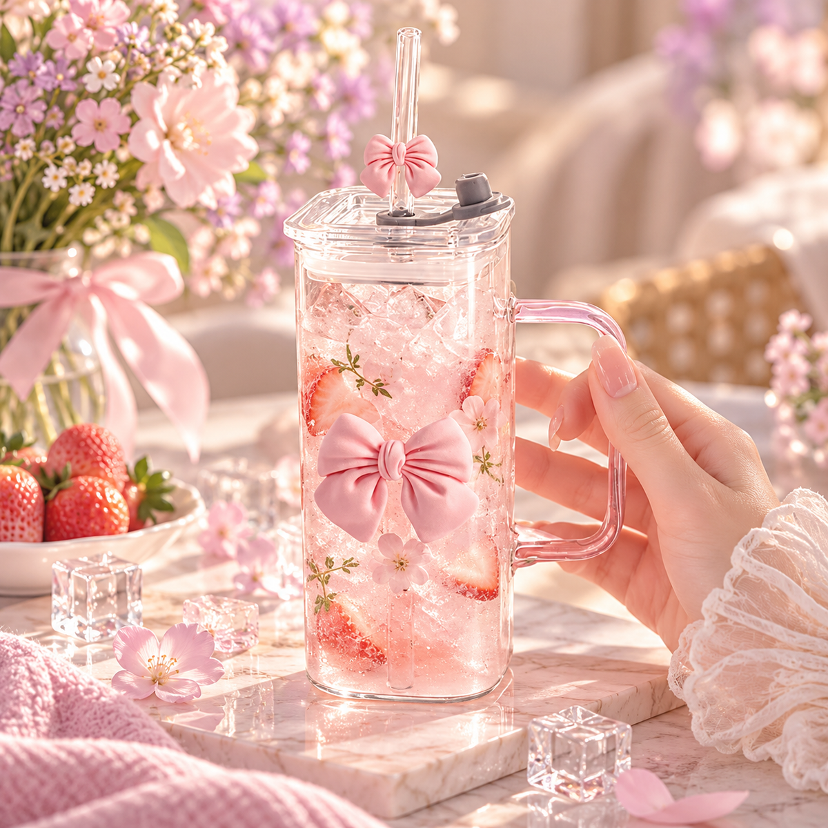 Novalune Pink Bow Glass Cup with Handle, Lid & Straw