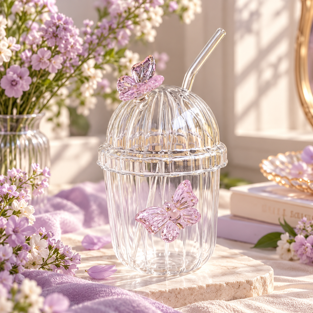 Novalune Butterfly Glass Cup with Lid & Straw – 400ML