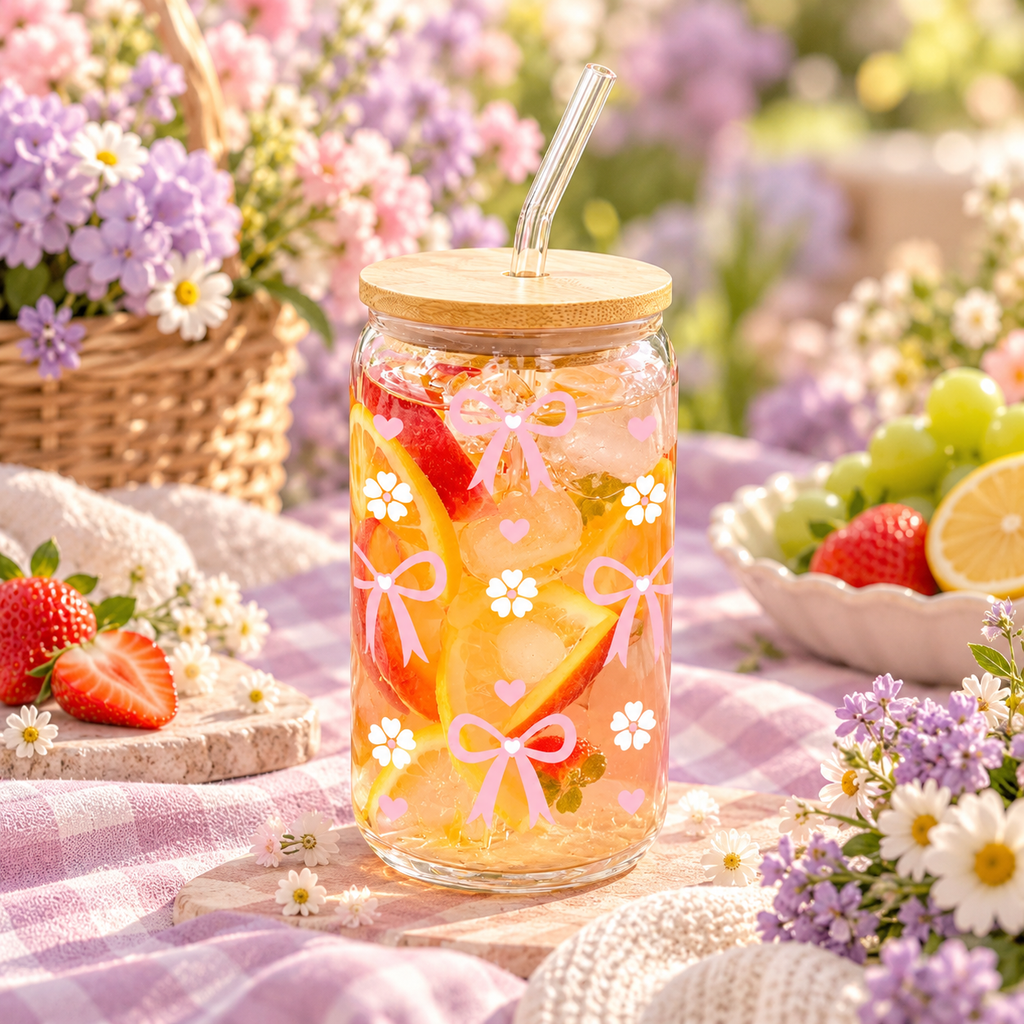 Novalune Pink Bow Plastic Tumbler with Bamboo Lid & Straw