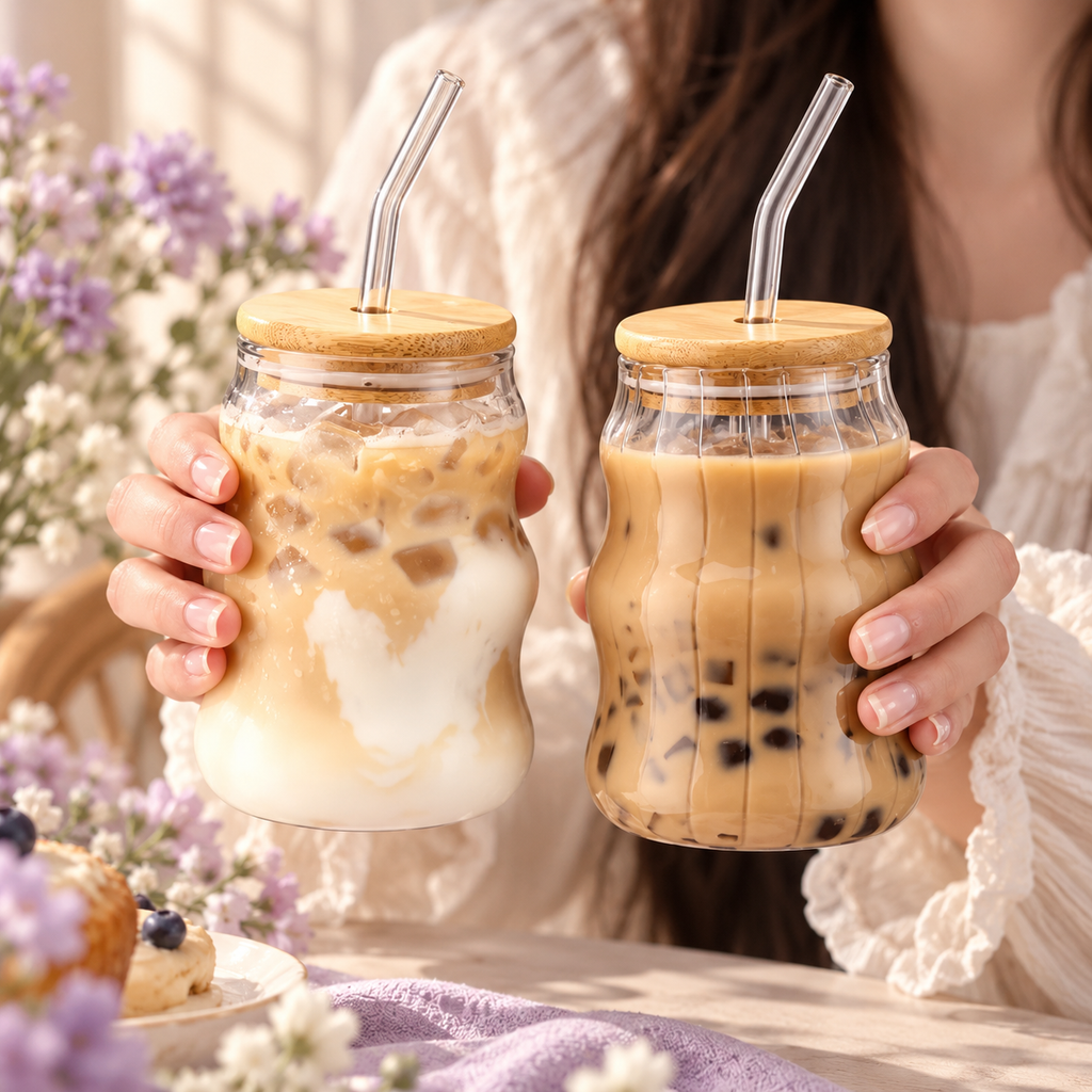 Novalune Wavy Glass Tumbler with Bamboo Lid & Straw – 500ML