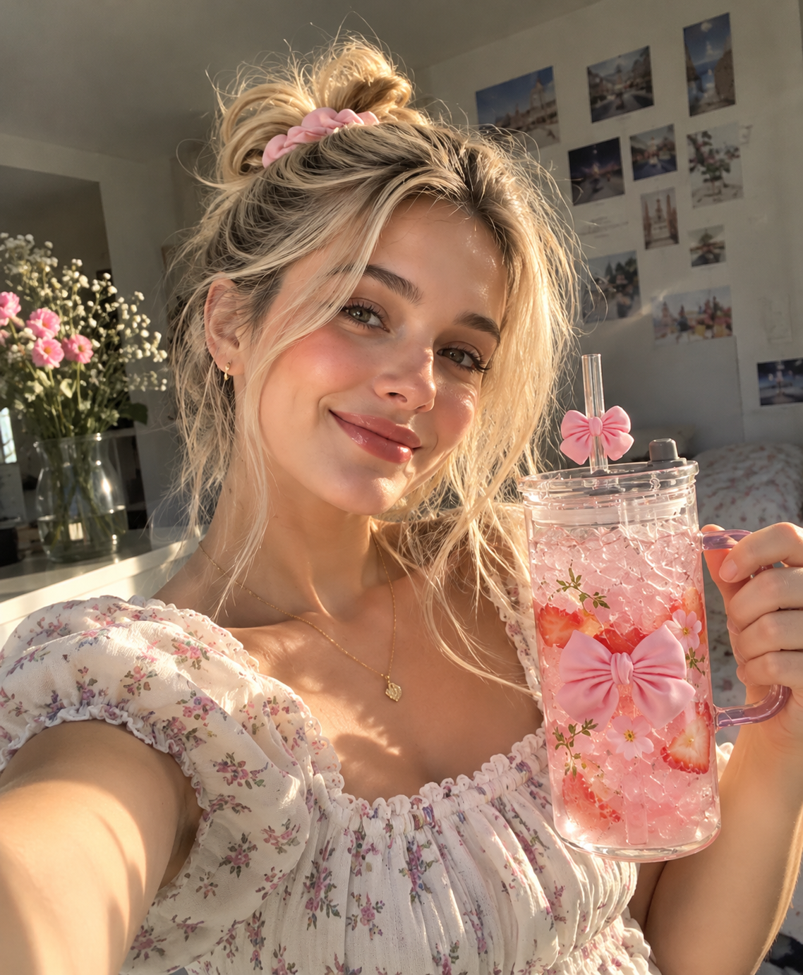 Lifestyle portrait with a pink strawberry drink