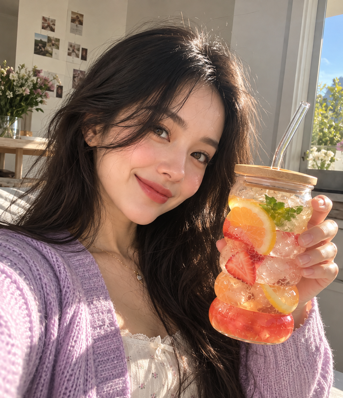 Lifestyle portrait with a green iced drink